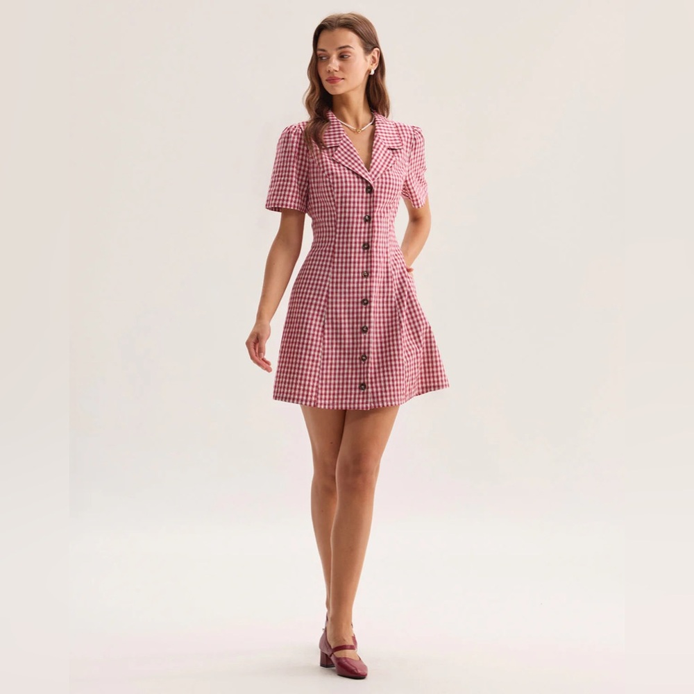 Rihoas Red Plaid Pocket Button Mini Dress - Picture 2 of 6